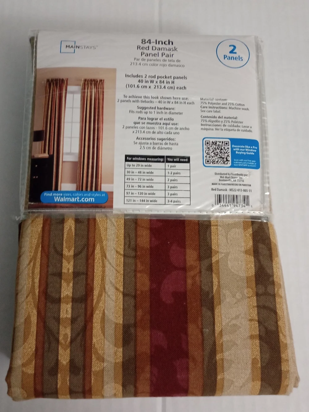Mainstays 84 Inch Red Damask Striped Curtain Rod Pocket Panel Pair